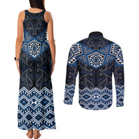 New Zealand Aotearoa Couples Matching Tank Maxi Dress and Long Sleeve Button Shirt Blue Taniko Art Maori Pattern LT05 - Polynesian Pride
