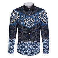 New Zealand Aotearoa Family Matching Long Sleeve Bodycon Dress and Hawaiian Shirt Blue Taniko Art Maori Pattern LT05 Dad's Shirt - Long Sleeve Blue - Polynesian Pride