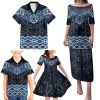 New Zealand Aotearoa Family Matching Puletasi and Hawaiian Shirt Blue Taniko Art Maori Pattern LT05 - Polynesian Pride