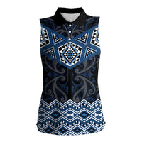 New Zealand Aotearoa Women Sleeveless Polo Shirt Blue Taniko Art Maori Pattern LT05 Female Blue - Polynesian Pride