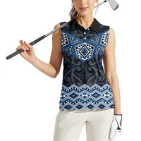 New Zealand Aotearoa Women Sleeveless Polo Shirt Blue Taniko Art Maori Pattern LT05 - Polynesian Pride