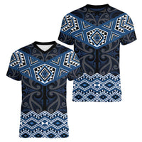New Zealand Aotearoa Women V-Neck T-Shirt Blue Taniko Art Maori Pattern LT05 - Polynesian Pride