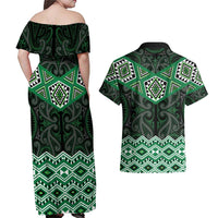 New Zealand Aotearoa Couples Matching Off Shoulder Maxi Dress and Hawaiian Shirt Green Taniko Art Maori Pattern LT05 - Polynesian Pride
