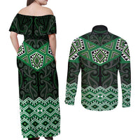 New Zealand Aotearoa Couples Matching Off Shoulder Maxi Dress and Long Sleeve Button Shirt Green Taniko Art Maori Pattern LT05 - Polynesian Pride