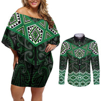 New Zealand Aotearoa Couples Matching Off Shoulder Short Dress and Long Sleeve Button Shirt Green Taniko Art Maori Pattern LT05 Green - Polynesian Pride