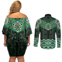 New Zealand Aotearoa Couples Matching Off Shoulder Short Dress and Long Sleeve Button Shirt Green Taniko Art Maori Pattern LT05 - Polynesian Pride