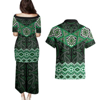 New Zealand Aotearoa Couples Matching Puletasi and Hawaiian Shirt Green Taniko Art Maori Pattern LT05 - Polynesian Pride