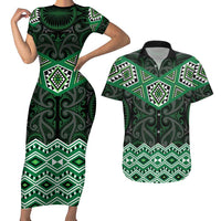 New Zealand Aotearoa Couples Matching Short Sleeve Bodycon Dress and Hawaiian Shirt Green Taniko Art Maori Pattern LT05 Green - Polynesian Pride