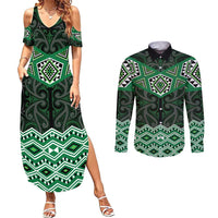 New Zealand Aotearoa Couples Matching Summer Maxi Dress and Long Sleeve Button Shirt Green Taniko Art Maori Pattern LT05 Green - Polynesian Pride