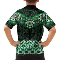 New Zealand Aotearoa Family Matching Off The Shoulder Long Sleeve Dress and Hawaiian Shirt Green Taniko Art Maori Pattern LT05 - Polynesian Pride