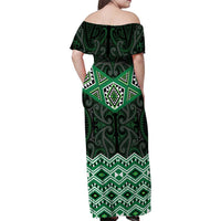 New Zealand Aotearoa Family Matching Off Shoulder Maxi Dress and Hawaiian Shirt Green Taniko Art Maori Pattern LT05 - Polynesian Pride