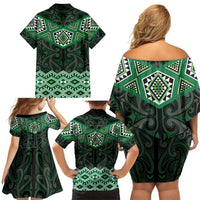 New Zealand Aotearoa Family Matching Off Shoulder Short Dress and Hawaiian Shirt Green Taniko Art Maori Pattern LT05 - Polynesian Pride