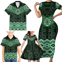 New Zealand Aotearoa Family Matching Short Sleeve Bodycon Dress and Hawaiian Shirt Green Taniko Art Maori Pattern LT05 - Polynesian Pride