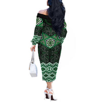 New Zealand Aotearoa Off The Shoulder Long Sleeve Dress Green Taniko Art Maori Pattern LT05 - Polynesian Pride