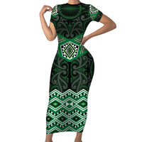 New Zealand Aotearoa Short Sleeve Bodycon Dress Green Taniko Art Maori Pattern