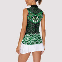 New Zealand Aotearoa Women Sleeveless Polo Shirt Green Taniko Art Maori Pattern LT05 - Polynesian Pride