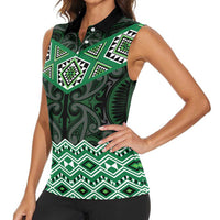 New Zealand Aotearoa Women Sleeveless Polo Shirt Green Taniko Art Maori Pattern LT05 - Polynesian Pride