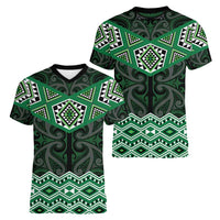 New Zealand Aotearoa Women V-Neck T-Shirt Green Taniko Art Maori Pattern LT05 - Polynesian Pride