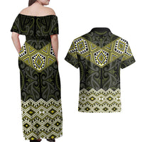 New Zealand Aotearoa Couples Matching Off Shoulder Maxi Dress and Hawaiian Shirt Yellow Taniko Art Maori Pattern LT05 - Polynesian Pride