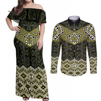 New Zealand Aotearoa Couples Matching Off Shoulder Maxi Dress and Long Sleeve Button Shirt Yellow Taniko Art Maori Pattern LT05 Yellow - Polynesian Pride