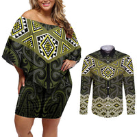 New Zealand Aotearoa Couples Matching Off Shoulder Short Dress and Long Sleeve Button Shirt Yellow Taniko Art Maori Pattern LT05 Yellow - Polynesian Pride