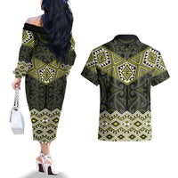 New Zealand Aotearoa Couples Matching Off The Shoulder Long Sleeve Dress and Hawaiian Shirt Yellow Taniko Art Maori Pattern LT05 - Polynesian Pride
