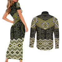 New Zealand Aotearoa Couples Matching Short Sleeve Bodycon Dress and Long Sleeve Button Shirt Yellow Taniko Art Maori Pattern LT05 - Polynesian Pride
