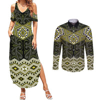 New Zealand Aotearoa Couples Matching Summer Maxi Dress and Long Sleeve Button Shirt Yellow Taniko Art Maori Pattern LT05 Yellow - Polynesian Pride