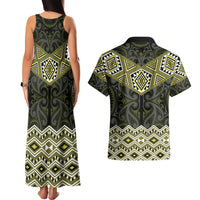New Zealand Aotearoa Couples Matching Tank Maxi Dress and Hawaiian Shirt Yellow Taniko Art Maori Pattern LT05 - Polynesian Pride