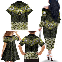 New Zealand Aotearoa Family Matching Off The Shoulder Long Sleeve Dress and Hawaiian Shirt Yellow Taniko Art Maori Pattern LT05 - Polynesian Pride