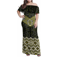 New Zealand Aotearoa Family Matching Off Shoulder Maxi Dress and Hawaiian Shirt Yellow Taniko Art Maori Pattern LT05 Mom's Dress Yellow - Polynesian Pride