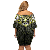 New Zealand Aotearoa Family Matching Off Shoulder Short Dress and Hawaiian Shirt Yellow Taniko Art Maori Pattern LT05 - Polynesian Pride