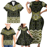 New Zealand Aotearoa Family Matching Short Sleeve Bodycon Dress and Hawaiian Shirt Yellow Taniko Art Maori Pattern LT05 - Polynesian Pride