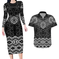 New Zealand Aotearoa Couples Matching Long Sleeve Bodycon Dress and Hawaiian Shirt Black Taniko Art Maori Pattern LT05 Black - Polynesian Pride