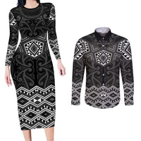 New Zealand Aotearoa Couples Matching Long Sleeve Bodycon Dress and Long Sleeve Button Shirt Black Taniko Art Maori Pattern LT05 Black - Polynesian Pride
