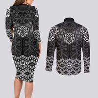New Zealand Aotearoa Couples Matching Long Sleeve Bodycon Dress and Long Sleeve Button Shirt Black Taniko Art Maori Pattern LT05 - Polynesian Pride