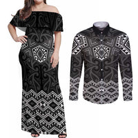 New Zealand Aotearoa Couples Matching Off Shoulder Maxi Dress and Long Sleeve Button Shirt Black Taniko Art Maori Pattern LT05 Black - Polynesian Pride