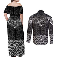 New Zealand Aotearoa Couples Matching Off Shoulder Maxi Dress and Long Sleeve Button Shirt Black Taniko Art Maori Pattern LT05 - Polynesian Pride