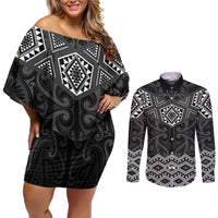 New Zealand Aotearoa Couples Matching Off Shoulder Short Dress and Long Sleeve Button Shirt Black Taniko Art Maori Pattern LT05 Black - Polynesian Pride