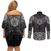 New Zealand Aotearoa Couples Matching Off Shoulder Short Dress and Long Sleeve Button Shirt Black Taniko Art Maori Pattern LT05 - Polynesian Pride