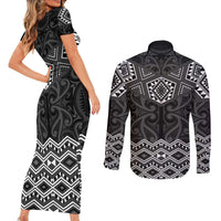New Zealand Aotearoa Couples Matching Short Sleeve Bodycon Dress and Long Sleeve Button Shirt Black Taniko Art Maori Pattern LT05 - Polynesian Pride