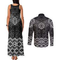 New Zealand Aotearoa Couples Matching Tank Maxi Dress and Long Sleeve Button Shirt Black Taniko Art Maori Pattern LT05 - Polynesian Pride