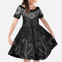 New Zealand Aotearoa Family Matching Mermaid Dress and Hawaiian Shirt Black Taniko Art Maori Pattern LT05 Daughter's Dress Black - Polynesian Pride