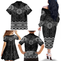 New Zealand Aotearoa Family Matching Off The Shoulder Long Sleeve Dress and Hawaiian Shirt Black Taniko Art Maori Pattern LT05 - Polynesian Pride