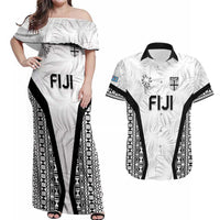 Custom Fiji 2026 Rugby Couples Matching Off Shoulder Maxi Dress and Hawaiian Shirt Fijian Tapa Pattern LT05 White - Polynesian Pride