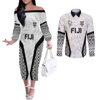 Custom Fiji 2026 Rugby Couples Matching Off The Shoulder Long Sleeve Dress and Long Sleeve Button Shirt Fijian Tapa Pattern LT05 White - Polynesian Pride