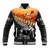 New Zealand ANZAC Rugby Baseball Jacket Soldier Fern With Kiwi Bird LT05 Unisex Black - Polynesian Pride