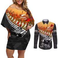 New Zealand ANZAC Rugby Couples Matching Off Shoulder Short Dress and Long Sleeve Button Shirt Soldier Fern With Kiwi Bird LT05 Black - Polynesian Pride