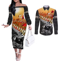 New Zealand ANZAC Rugby Couples Matching Off The Shoulder Long Sleeve Dress and Long Sleeve Button Shirt Soldier Fern With Kiwi Bird LT05 Black - Polynesian Pride