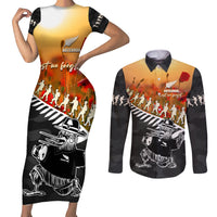 New Zealand ANZAC Rugby Couples Matching Short Sleeve Bodycon Dress and Long Sleeve Button Shirt Soldier Fern With Kiwi Bird LT05 Black - Polynesian Pride